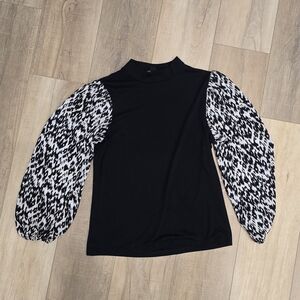 Ann Taylor Black Top with Black-and-White Printed Balloon Sleeves